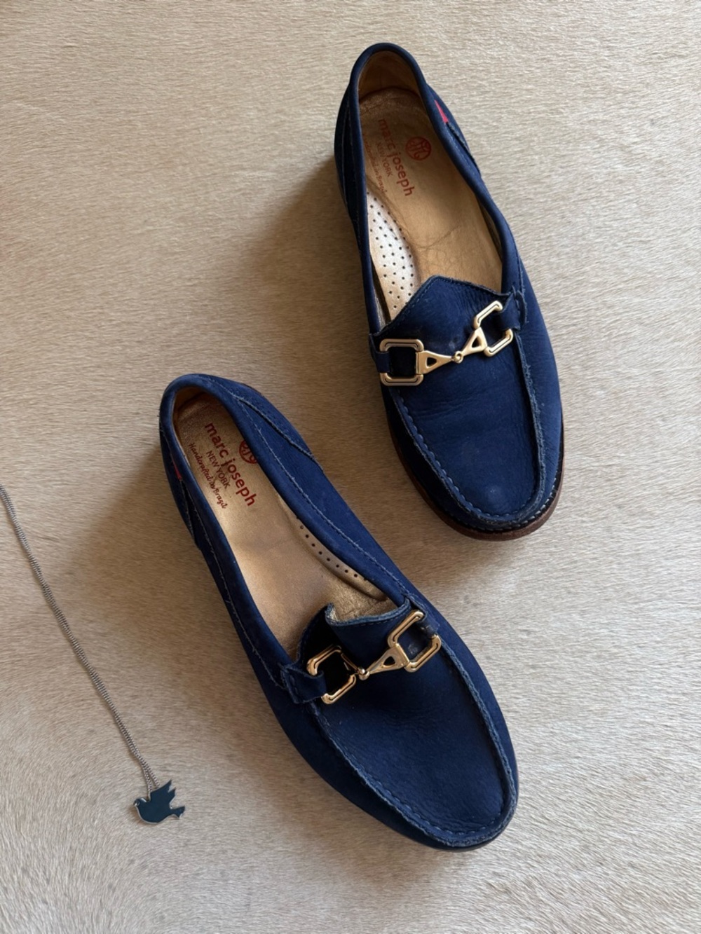 Marc Joseph Navy Suede Loafers with Gold Bit